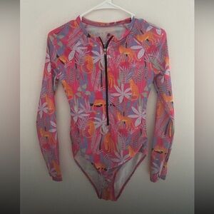 Long Sleeve One-Piece Swimsuit in Pink with Tropical Print